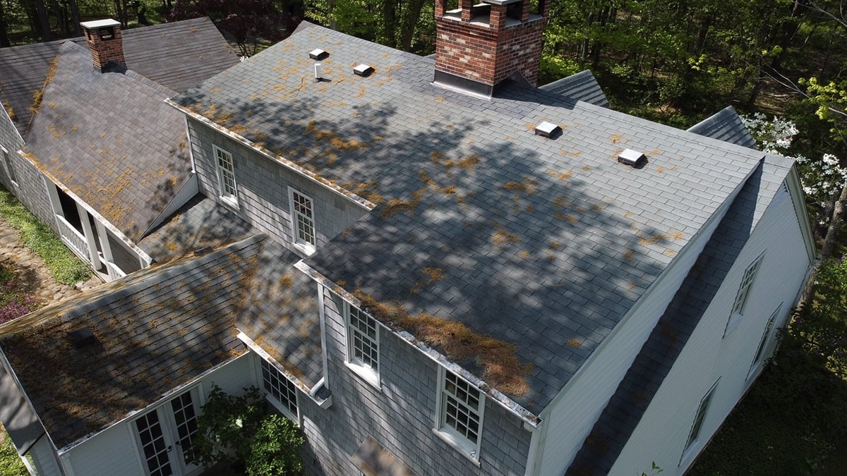 An aerial view of a house with moss growing on the roof. The roof features multiple skylights.