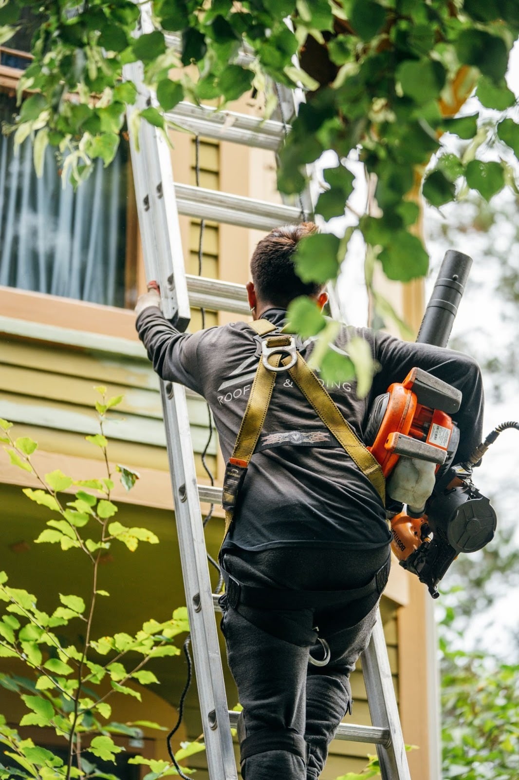 Man using leaf blower on a ladder outside house